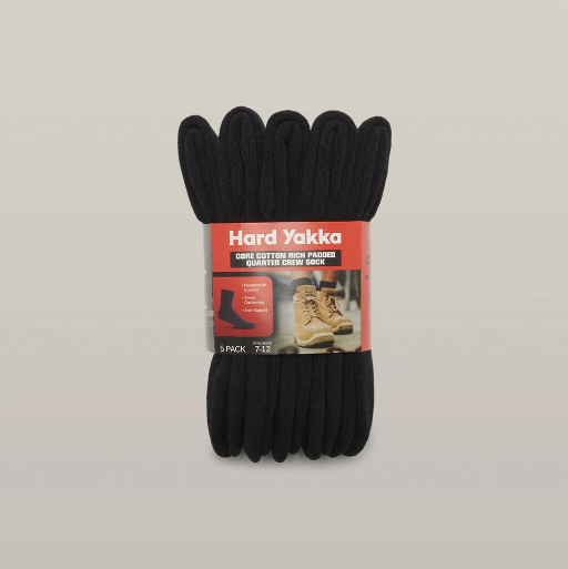 Hard Yakka Y20012 Core Cotton Rich Padded Quarter Crew Sock - 5 Pack (One Size 7-12)