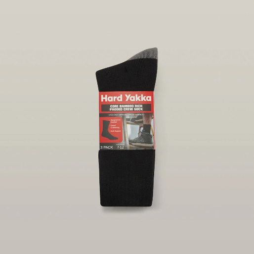Hard Yakka Y20015 Core Bamboo Rich Padded Crew Sock - 3 Pack (One Size 7-12)